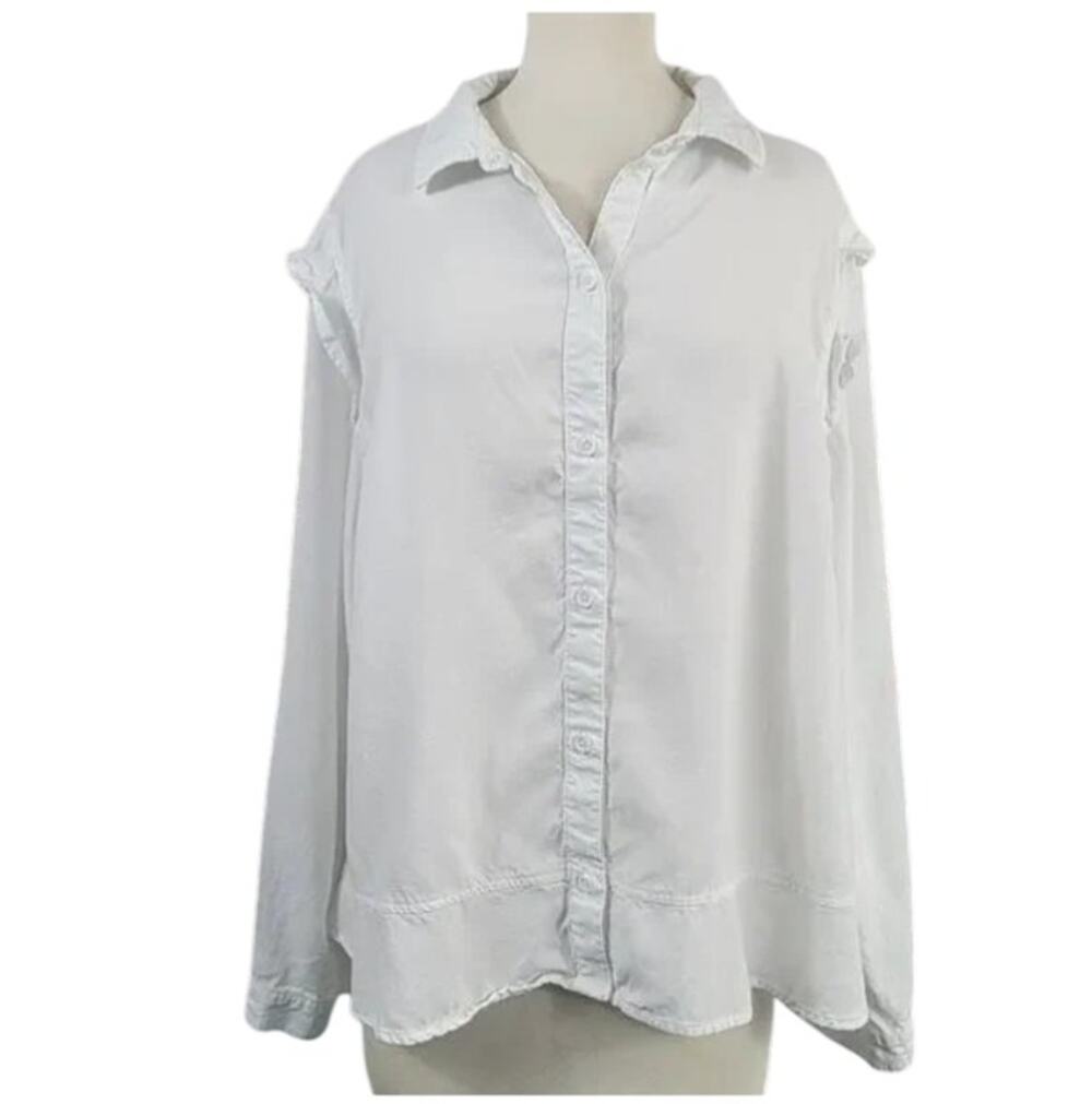 Side Stitch Peplum Ruffle Button Long Sleeve Top White Large